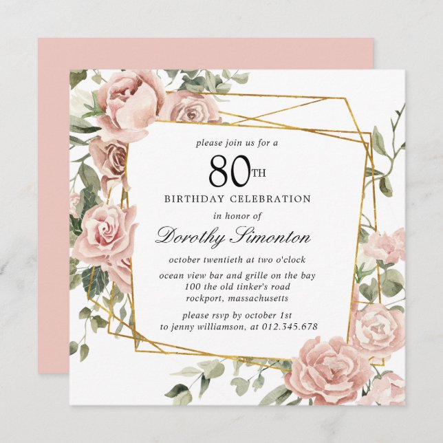 Dusty Pink Rose Floral 80th Birthday Invitation (Front/Back)
