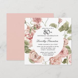 Dusty Pink Rose Floral 80th Birthday Invitation