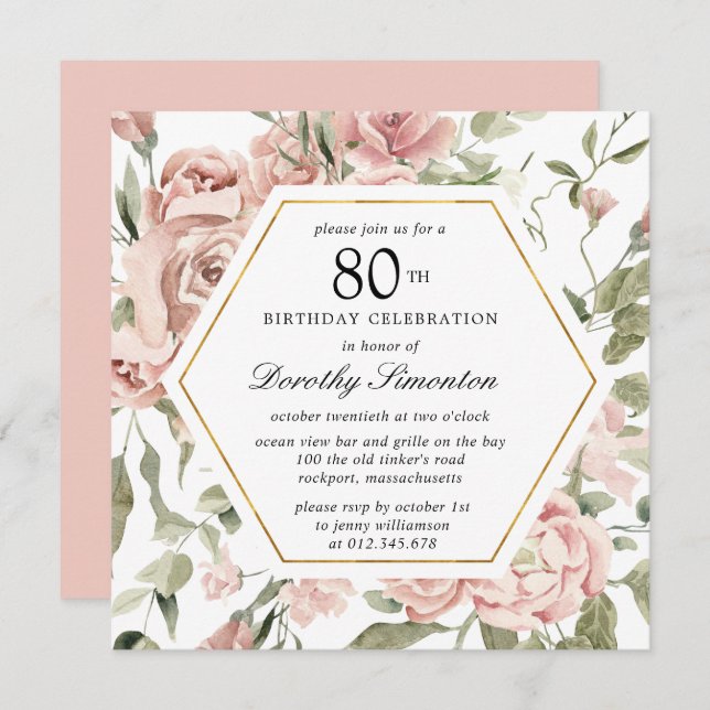 Dusty Pink Rose Floral 80th Birthday Invitation (Front/Back)