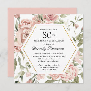 Dusty Pink Rose Floral 80th Birthday Invitation