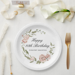 Dusty Pink Rose Floral 80th Birthday Paper Plate