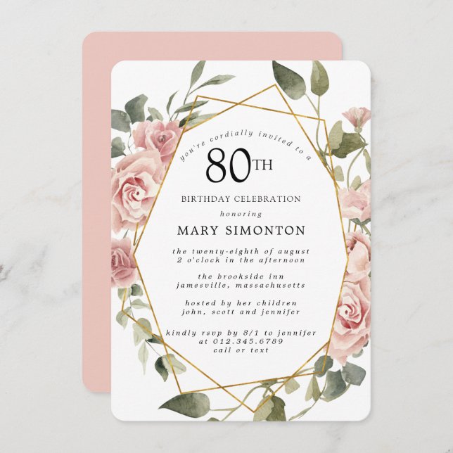 Dusty Pink Rose Floral 80th Birthday Party Invitat Invitation (Front/Back)