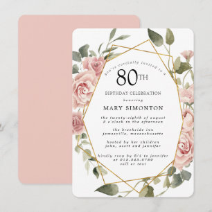 Dusty Pink Rose Floral 80th Birthday Party Invitat Invitation