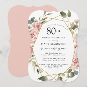 Dusty Pink Rose Floral 80th Birthday Party Invitation