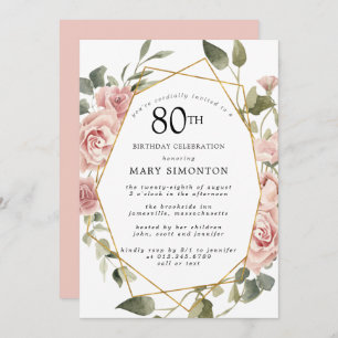 Dusty Pink Rose Floral 80th Birthday Party Invitation