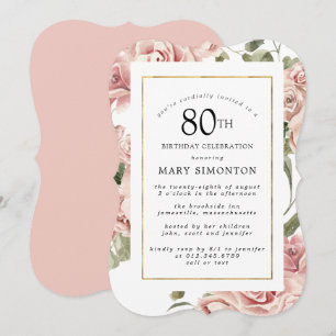 Dusty Pink Rose Floral 80th Gold Birthday Party Invitation