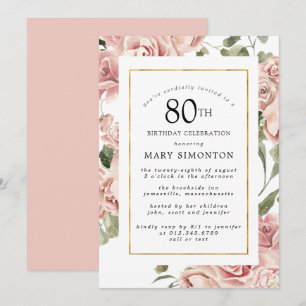 Dusty Pink Rose Floral 80th Gold Birthday Party Invitation
