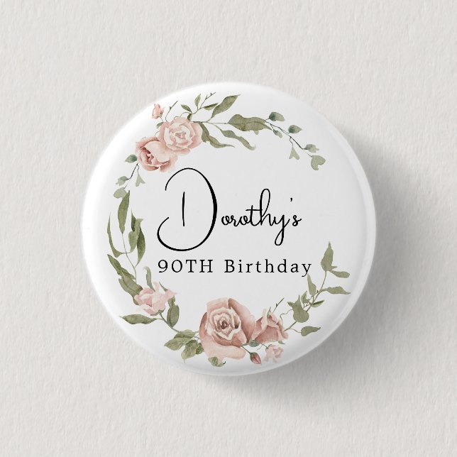 Dusty Pink Rose Floral 90th Birthday 3 Cm Round Badge (Front)