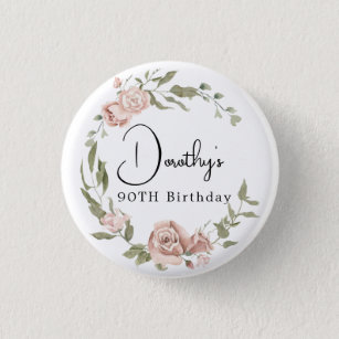 Dusty Pink Rose Floral 90th Birthday 3 Cm Round Badge