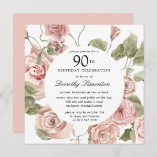 Dusty Pink Rose Floral 90th Birthday Invitation