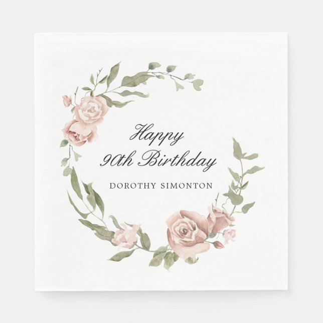 Dusty Pink Rose Floral 90th Birthday  Napkin (Front)