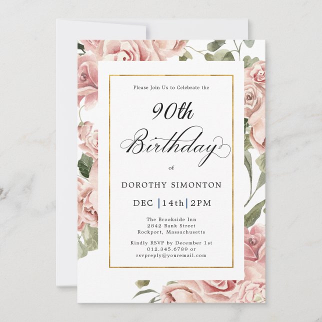 Dusty Pink Rose Floral 90th Birthday Party Invitation (Front)
