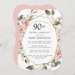 Dusty Pink Rose Floral 90th Birthday Party Invitation