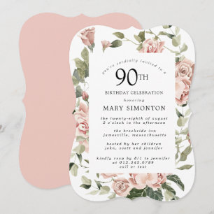 Dusty Pink Rose Floral 90th Birthday Party Invitation