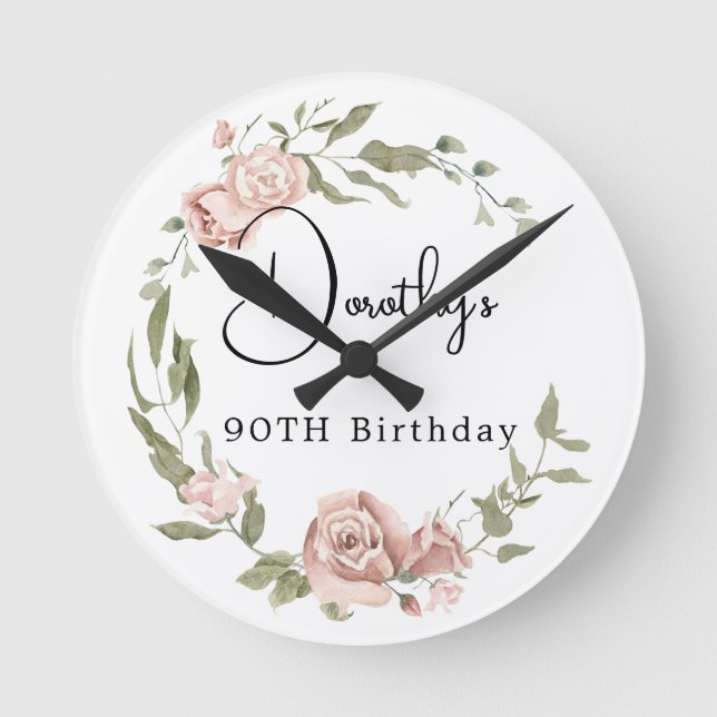 Dusty Pink Rose Floral 90th Birthday Round Clock (Front)