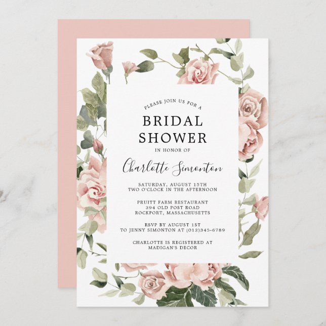 Dusty Pink Rose Floral Bridal Shower Invitation (Front/Back)