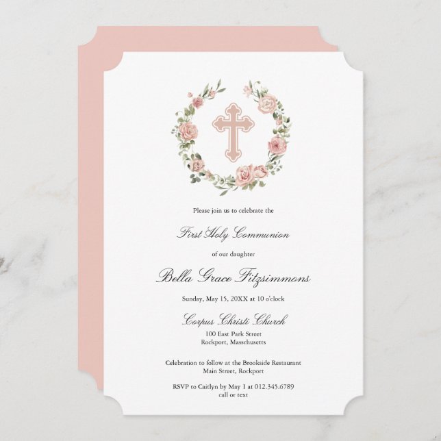 Dusty Pink Rose Floral Cross First Communion  Invitation (Front/Back)
