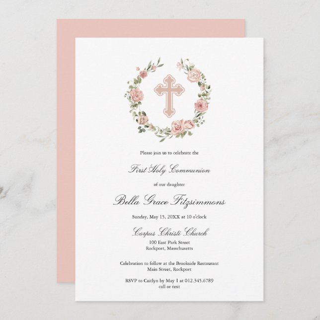 Dusty Pink Rose Floral Cross First Communion Invitation (Front/Back)