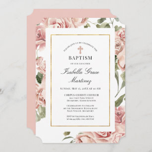 Dusty Pink Rose Floral Elegant Baptism Invitation