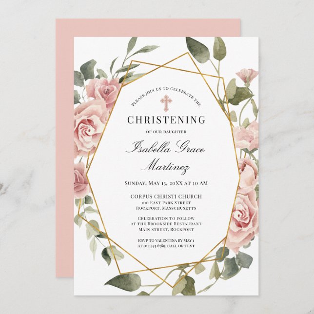 Dusty Pink Rose Floral Elegant Christening Invitation (Front/Back)