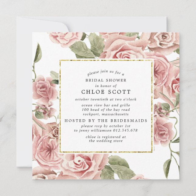 Dusty Pink Rose Floral Gold Bridal Shower Invitation (Front)