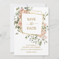 Dusty Pink Rose Floral Gold Geometric Frame Save T