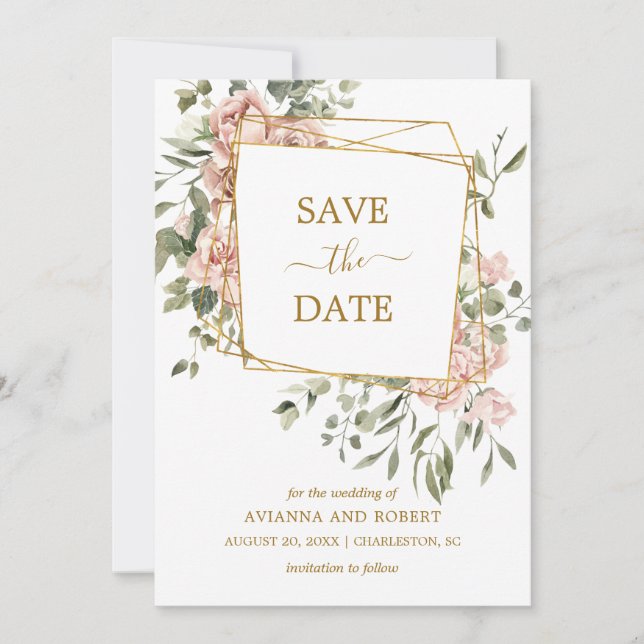 Dusty Pink Rose Floral Gold Geometric Frame Save The Date (Front)