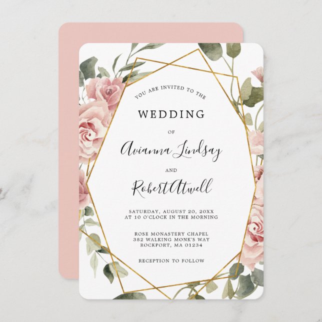 Dusty Pink Rose Floral Gold Geometric Wedding Invi Invitation (Front/Back)