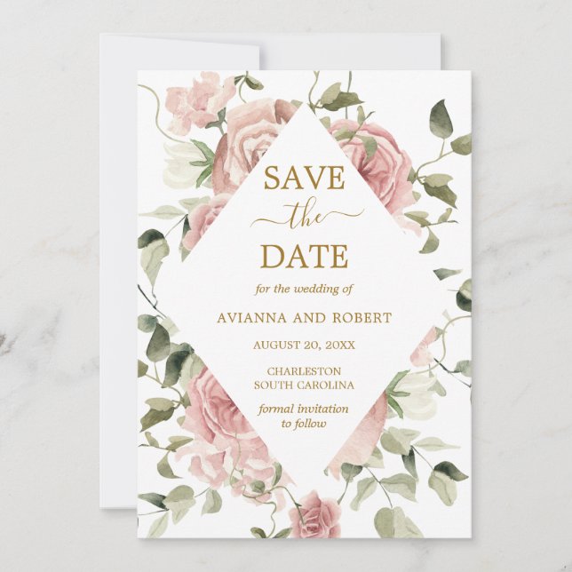 Dusty Pink Rose Floral Photo  Save The Date (Front)