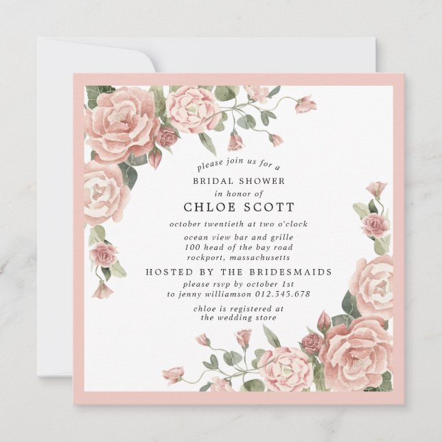 Dusty Pink Rose Floral Square Bridal Shower Invitation (Front)