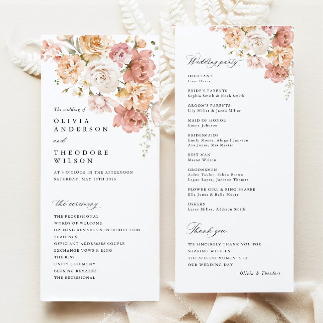 Dusty Pink Rose Floral Wedding Ceremony Program (Dusty Pink Rose Floral Wedding Program, double sided ceremony program, blush wedding stationery)