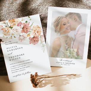 Dusty Pink Rose Floral Wedding Photo Back Invitation