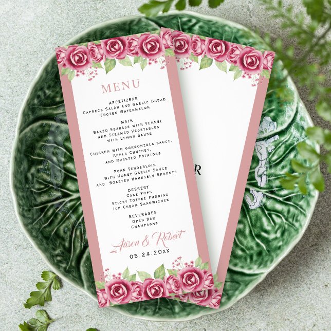 Dusty pink rose flowers BUDGET wedding menu card (Creator Uploaded)