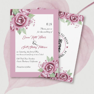Dusty pink rose flowers, QR code floral wedding Invitation
