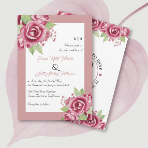 Dusty pink rose flowers, QR code floral wedding Invitation