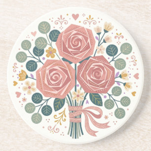 Dusty Pink Rose Folk Art Bouquet Coaster