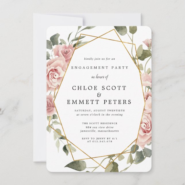 Dusty Pink Rose Geometric Frame Engagement Party Invitation (Front)