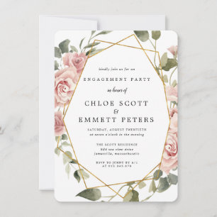Dusty Pink Rose Geometric Frame Engagement Party Invitation