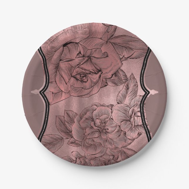 Dusty Pink Rose Gold Elegant Glam Floral Chic Paper Plate (Front)