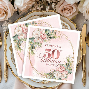 Dusty Pink Rose Gold Floral 50th Birthday Dinner  Napkin
