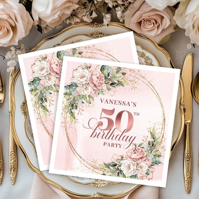 Dusty Pink Rose Gold Floral 50th Birthday Dinner  Napkin (Dusty Pink Rose Gold Floral 50th Birthday Dinner Napkins

)