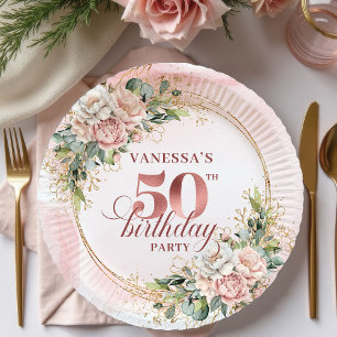 Dusty Pink Rose Gold Floral 50th Birthday Dinner   Paper Plate