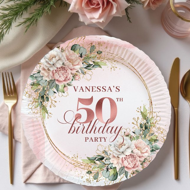 Dusty Pink Rose Gold Floral 50th Birthday Dinner   Paper Plate (Dusty Pink Rose Gold Floral 50th Birthday Dinner Paper Plates

)