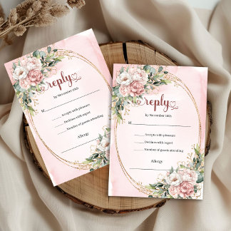 Dusty Pink Rose Gold Floral Wedding RSVP Card