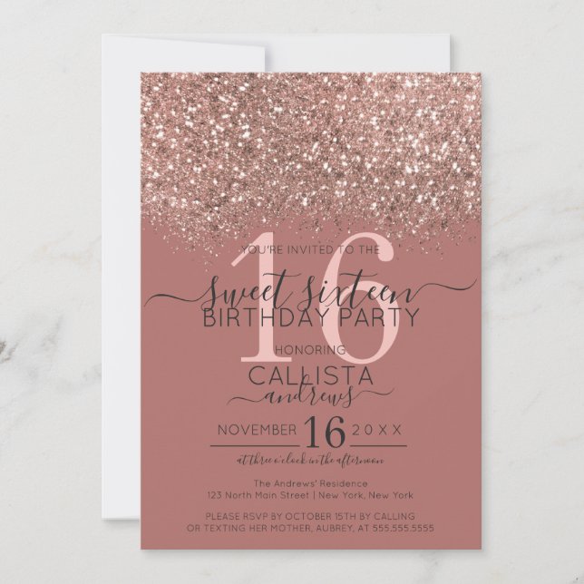 Dusty Pink Rose Gold Glitter Confetti Sweet 16 Invitation (Front)