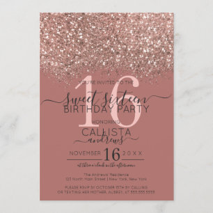 Dusty Pink Rose Gold Glitter Confetti Sweet 16 Invitation
