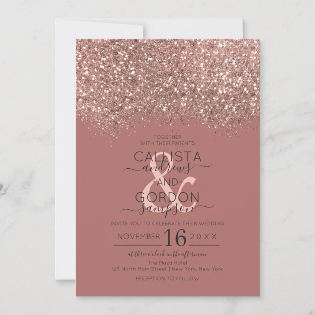 Dusty Pink Rose Gold Glitter Confetti Wedding Invitation (Front)
