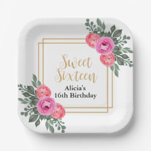 Dusty Pink Rose Greenery Botanical Gold Sweet 16 Paper Plate