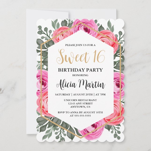 Dusty Pink Rose Greenery Flora Sweet 16 Invitation (Front)