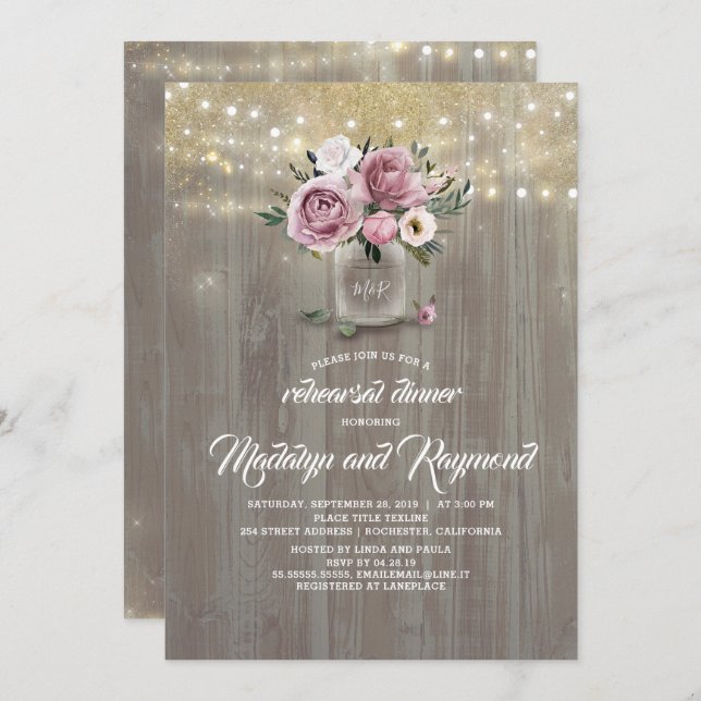 Dusty Pink Rose Mason Jar Rustic Rehearsal Dinner Invitation (Front/Back)